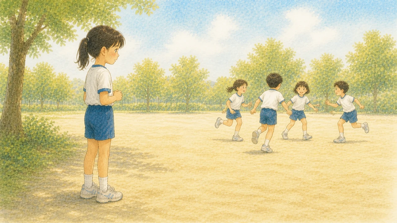 公園の遊び場のそばまで近づいて、みんなが何をして遊んでいるのかをじっと眺めている小学生の女の子の様子（イラスト）