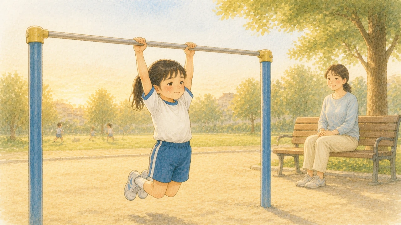 公園の鉄棒に一人でぶら下がって、おだやかな表情で過ごしている小学生の女の子の様子（イラスト）