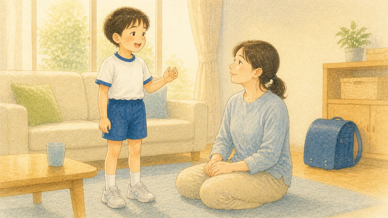 家のリビングで、小学生の男の子が母親に向かって「なにしてるの？」と声に出して練習している様子（イラスト）