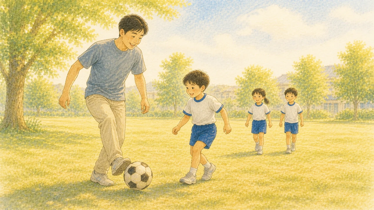 公園で父親が先にボールを蹴りはじめ、それを見た子どもたちが自然に近づいてくる様子（イラスト）