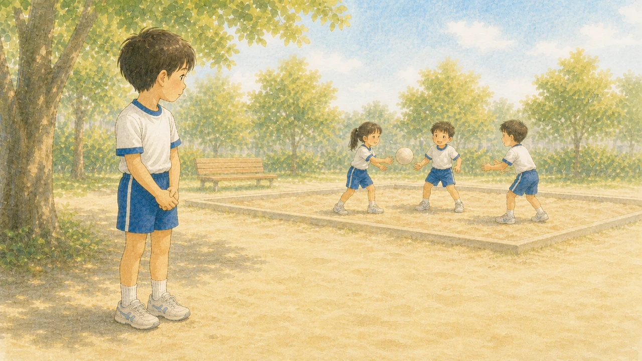 公園の砂場のそばで、少し離れた場所から遊んでいる子どもたちのほうを見て立ち止まっている小学生の男の子の様子（イラスト）