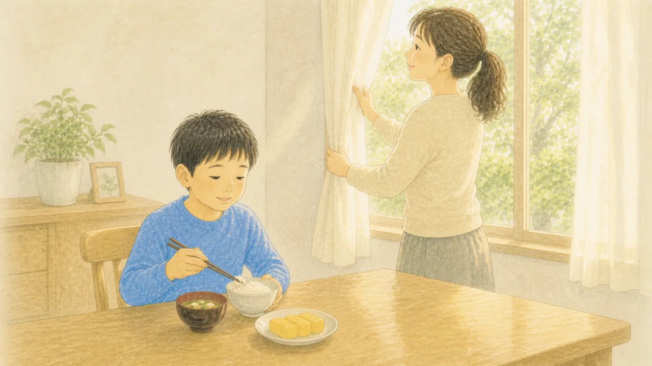 朝のダイニングで、母親がカーテンを開けて光を入れ、男の子が朝ごはんを食べはじめている様子(イラスト)