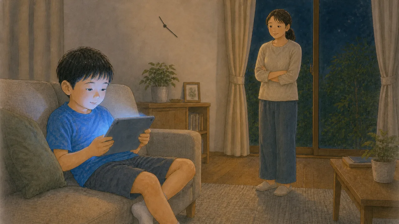 夜おそくのリビングで、ソファでタブレットを見ている男の子と、少し離れて様子を見ている母親(イラスト)
