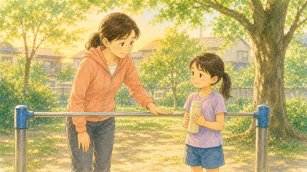 夏の夕方の公園で、鉄棒の棒に手のひらを当てて熱くないか確かめている母親と、水筒を持って待つ女の子（イラスト）