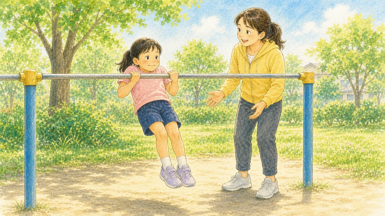 低い鉄棒につかまり、ひじを曲げて体を鉄棒に引き寄せている女の子と、見守る母親（イラスト）