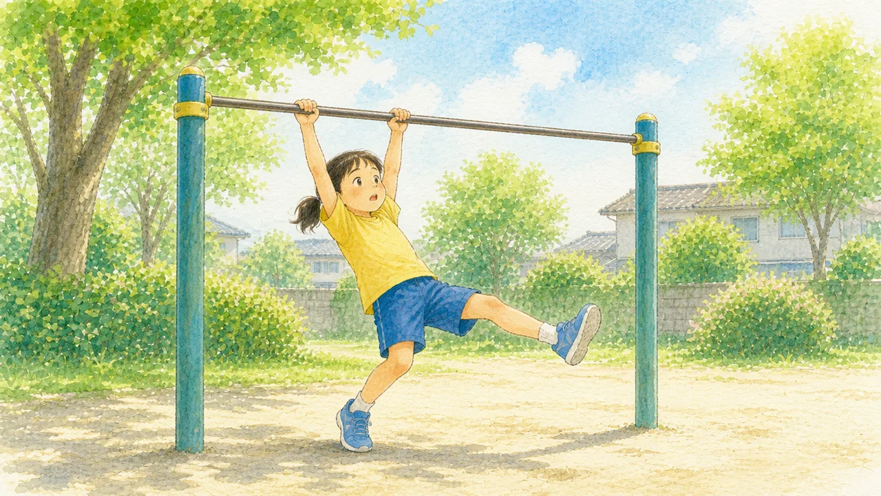 公園の鉄棒で、腕が伸びきって体が鉄棒から離れてしまっている女の子（イラスト）