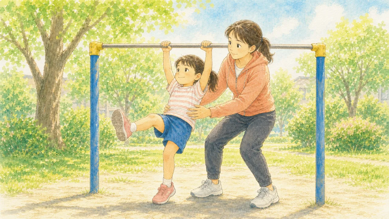 逆上がりをしようとする女の子の腰を、母親が両手で支えている様子（イラスト）