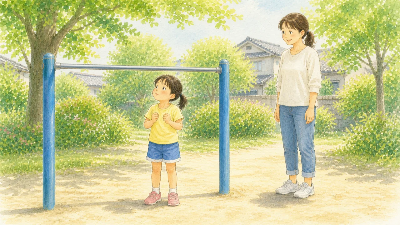 公園の鉄棒の前で立ち止まり、不安そうに鉄棒を見上げている女の子と、少し離れて待つ母親（イラスト）