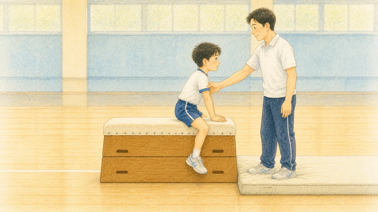 低い段の跳び箱に腰かけた小学生の男の子と、着地マット側の横に立って二の腕を支えている大人の様子（イラスト）