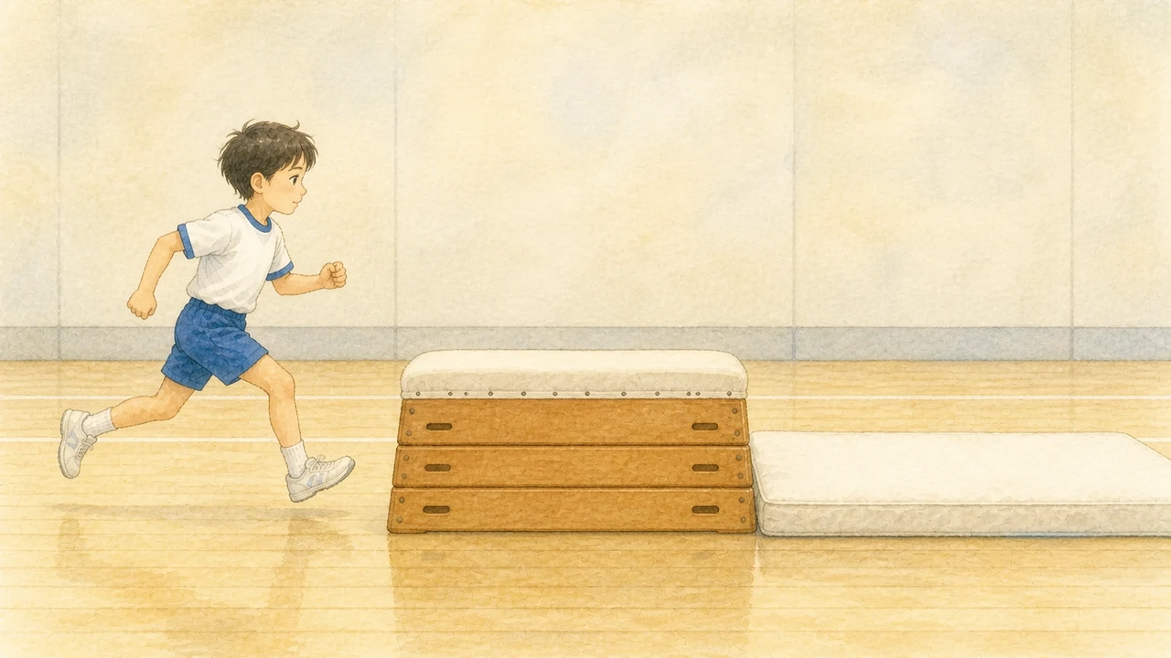 体育館で、跳び箱に向かって止まらずに助走してくる小学生の男の子の様子（イラスト）