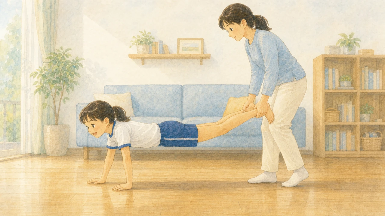 家のリビングで、お母さんが足首を持ち、女の子が両手で床を歩く「手押し車」をしている様子（イラスト）