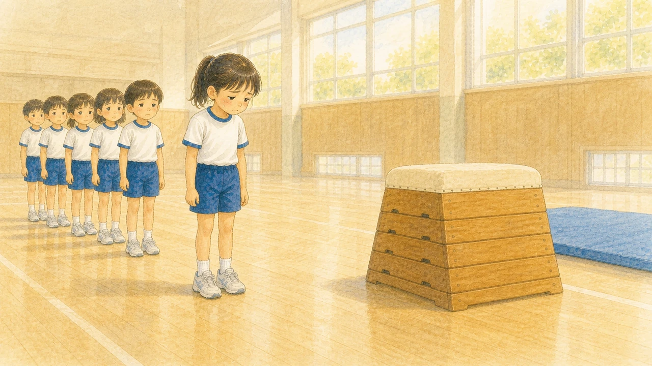 体育館で跳び箱の手前に立ち止まって、不安そうな顔をしている小学生の女の子の様子（イラスト）