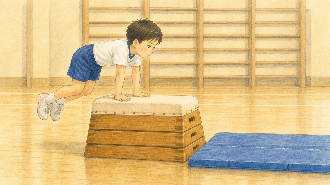 跳び箱の手前のほうに手をついて、おしりが後ろに残ったまま止まってしまっている小学生の男の子の様子（イラスト）