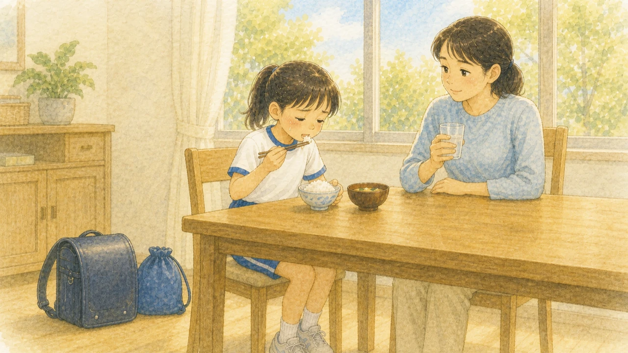 朝の食卓で、朝食を食べる小学生の様子を母親がさりげなく見ている様子（イラスト）