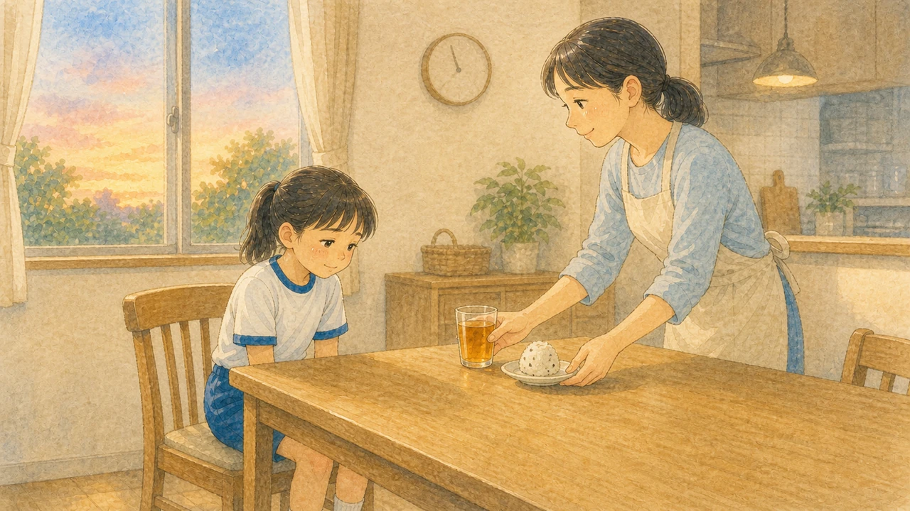 帰宅直後の台所で、母親が差し出した麦茶とおにぎりを、体操服のままの小学生が受け取っている様子（イラスト）