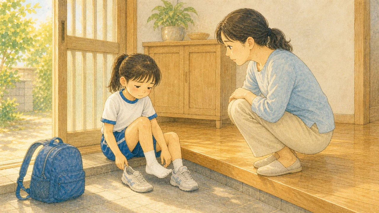 夕方の玄関で、ランドセルを下ろしたまま座り込んだ小学生に、母親がしゃがんで顔をのぞき込んでいる様子（イラスト）