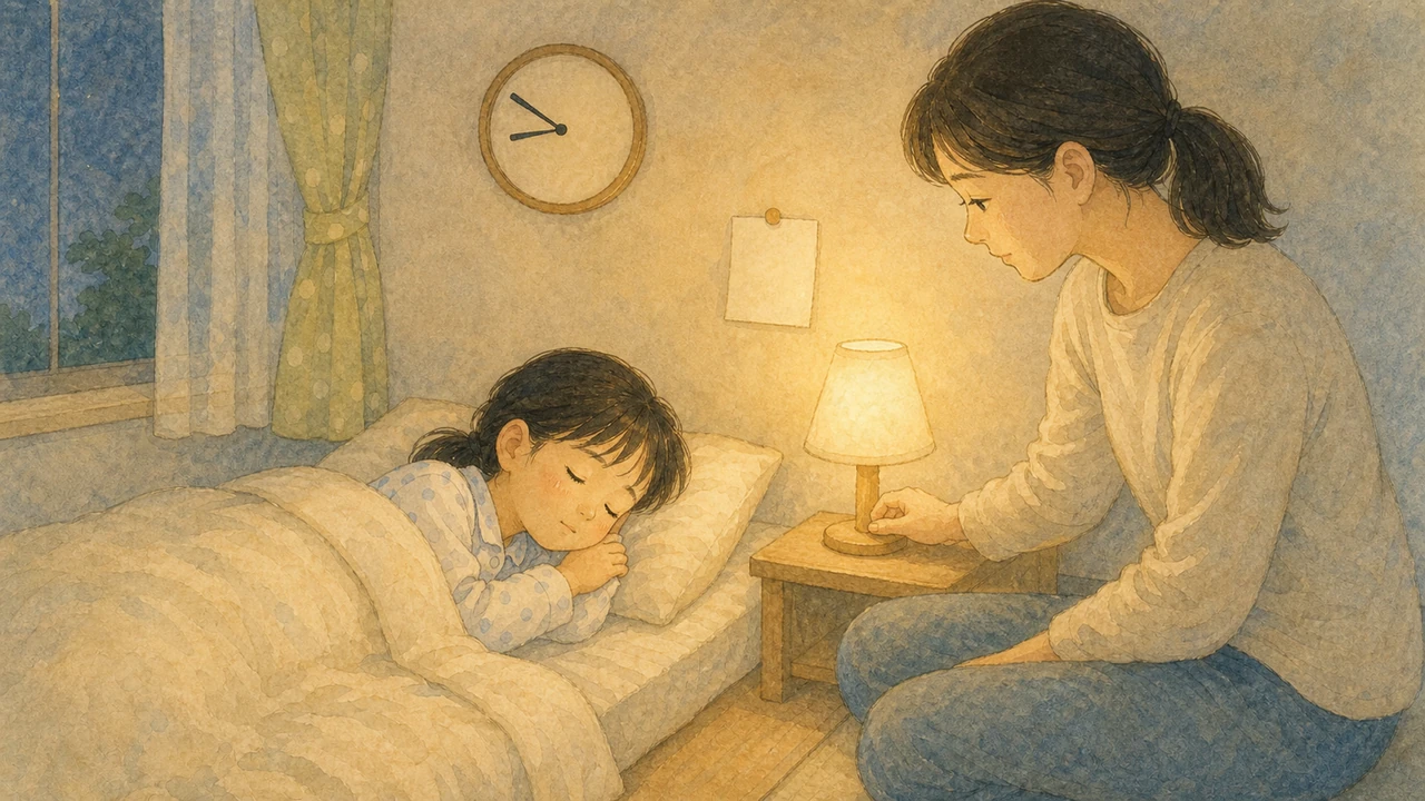 夜の子ども部屋で、布団に入った小学生の枕元で母親が明かりを落とそうとしている様子（イラスト）