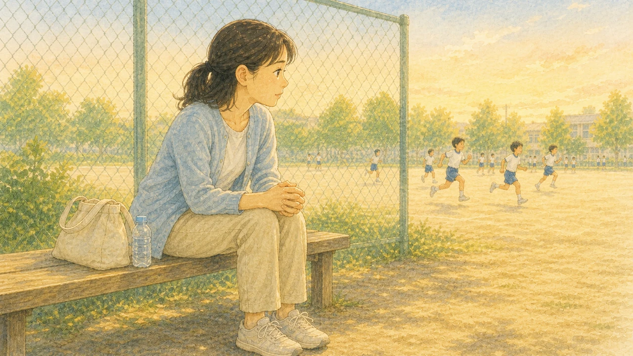 グラウンドわきのベンチに座り、練習中の子どもをじっと目で追いながら肩に力が入っている母親の様子（イラスト）