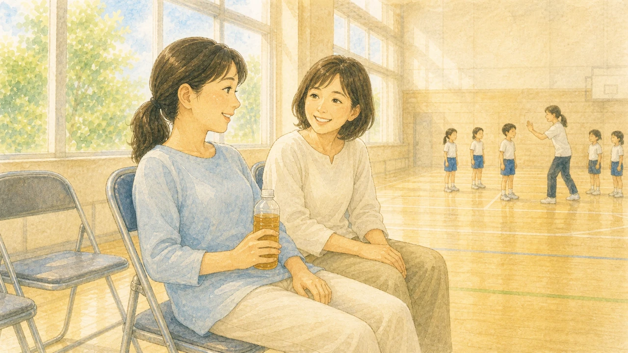 練習を見守る保護者席で、母親が肩の力を抜いて飲みものを片手にほかの保護者と話している様子（イラスト）