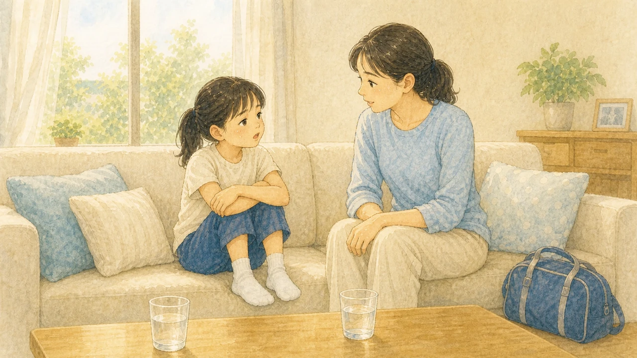 休みの日の朝、リビングのソファで母親と小学生の子どもが並んで座り、ゆっくり話している様子（イラスト）