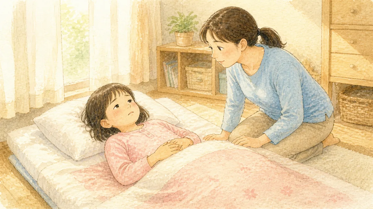 朝の布団の中でおなかに手を当てている女の子と、そばに膝をついて心配そうに顔をのぞき込む母親（イラスト）