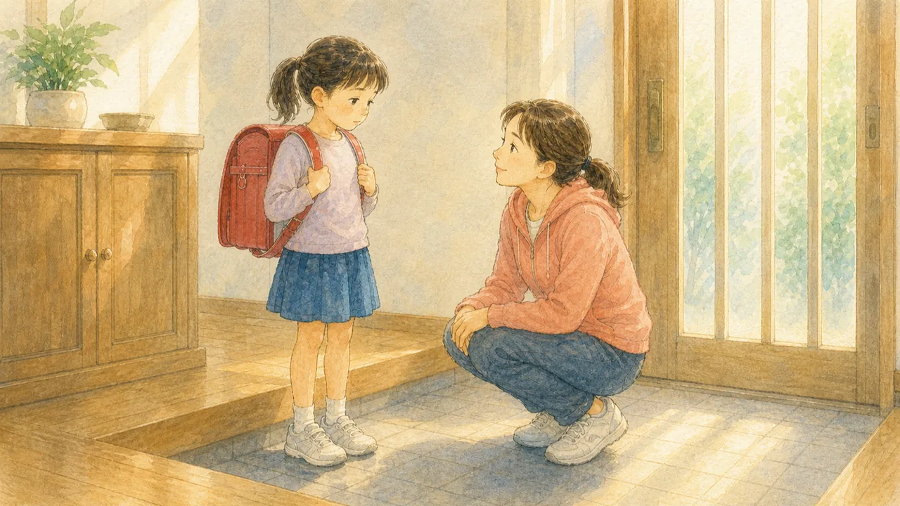 玄関で、ランドセルを背負ったまま元気のない女の子と、しゃがんで目線を合わせる母親（イラスト）