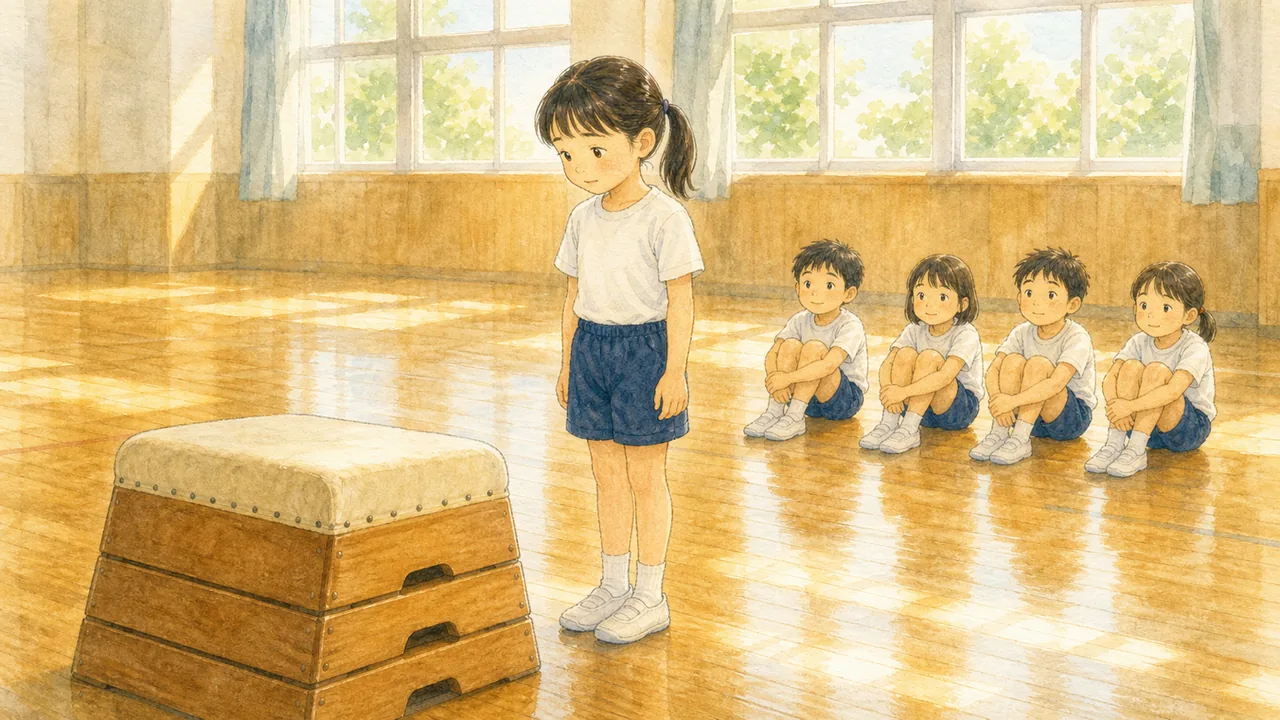 体育館で跳び箱の前に立ち、うつむきがちに順番を待つ女の子と、床に座って見ているクラスメイトたち（イラスト）