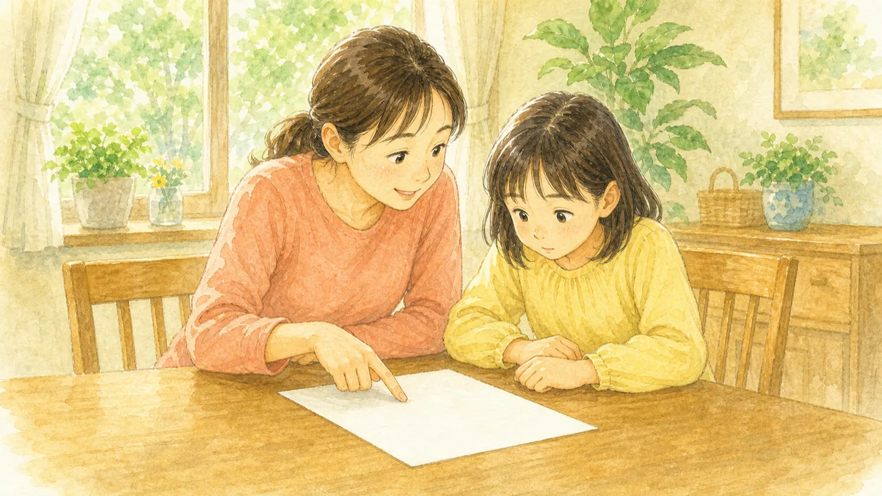 ダイニングテーブルで、母親と女の子が学校からのプリントを一緒にのぞき込んでいる様子（イラスト）