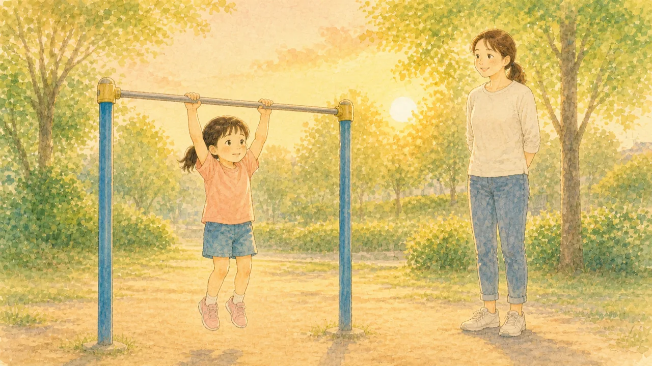 夕方の公園で低い鉄棒にぶら下がる女の子と、少し離れて笑って見守る母親（イラスト）